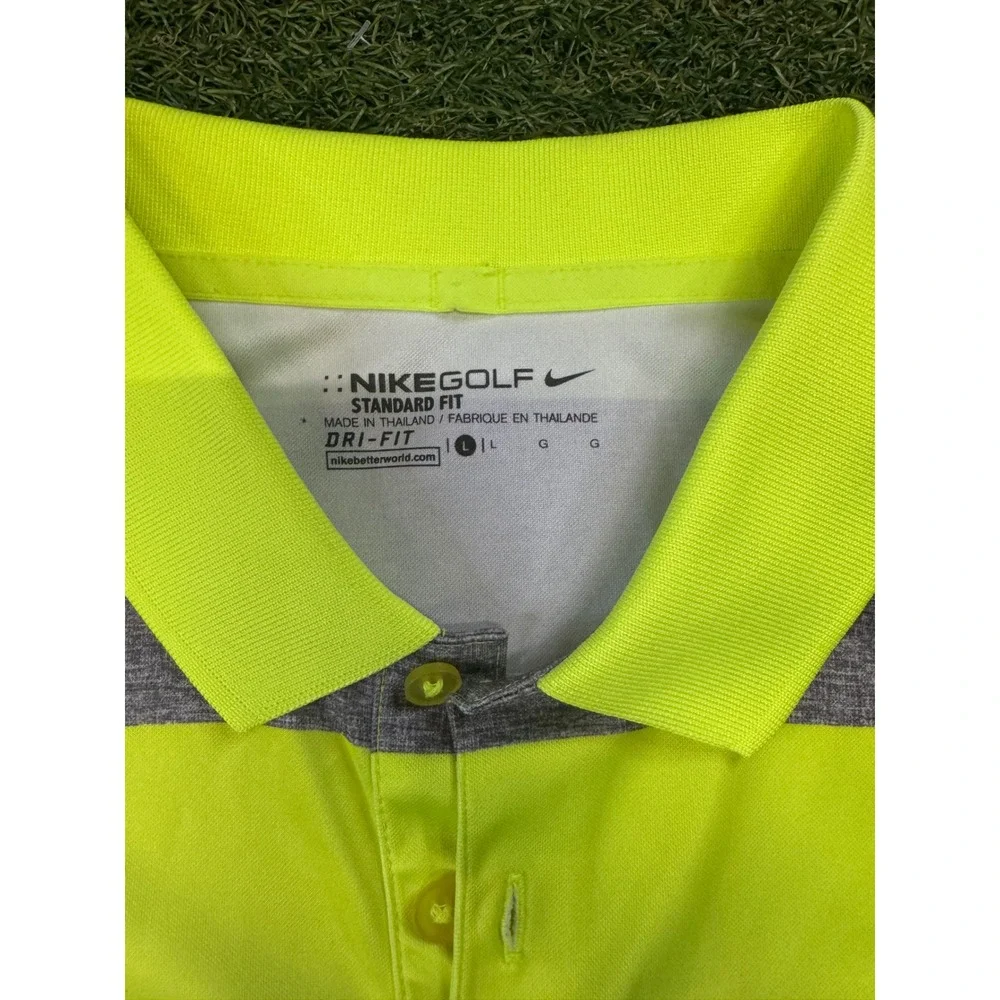 Nike Golf Mens‎ Dri-FIT Striped Polo Shirt Neon Yellow Grey Large Standard Fit